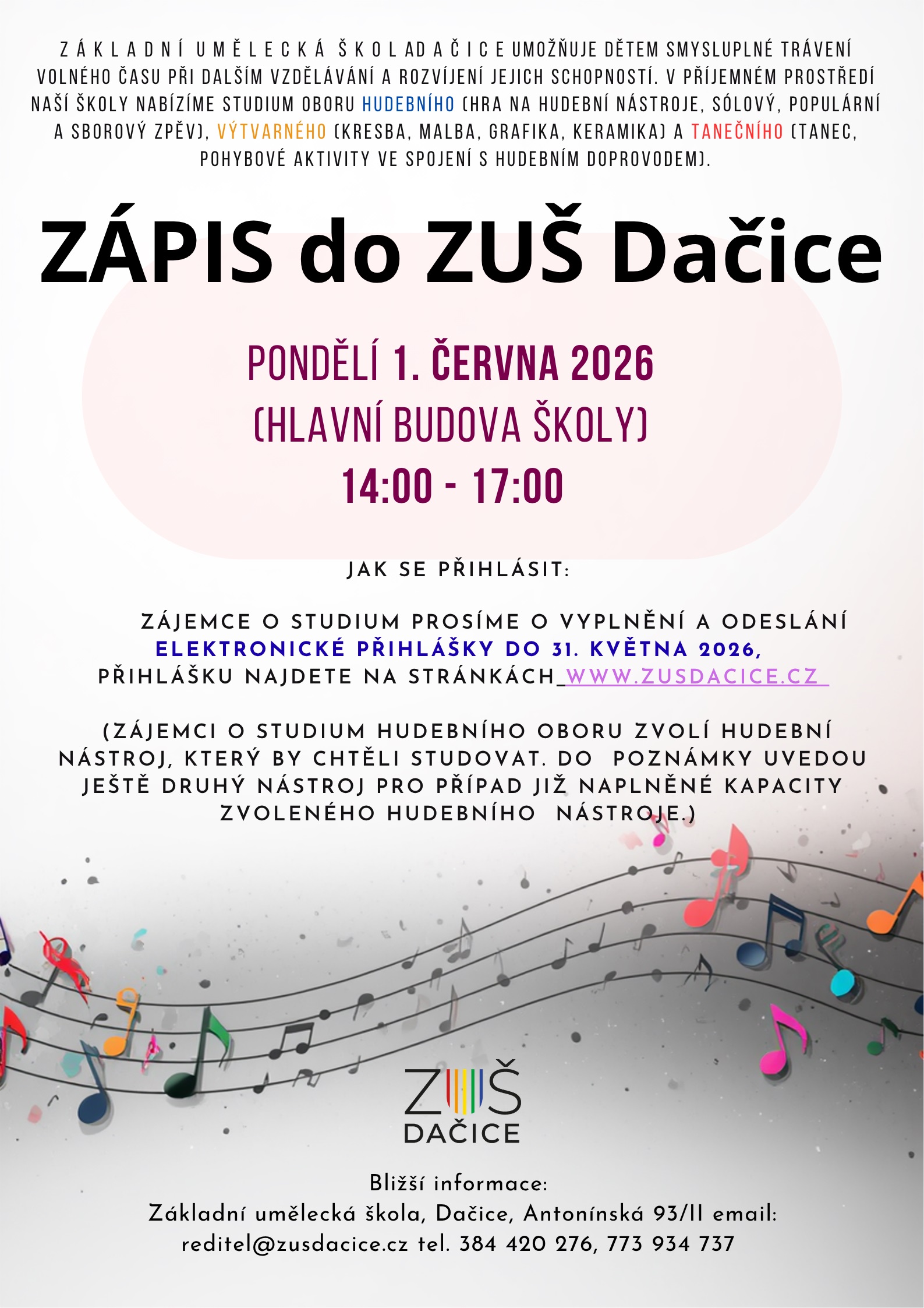 Zápis do ZUŠ Dačice / pondělí 1. června od 14:00 do 17:00 hodin